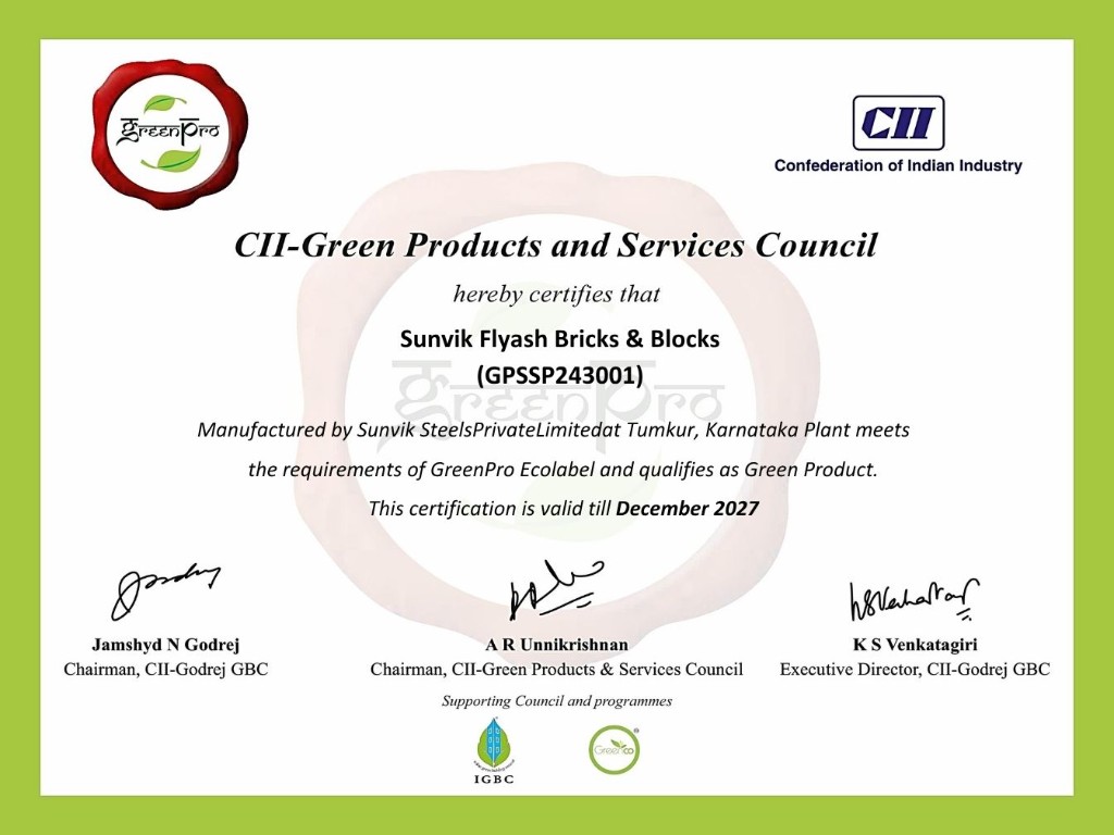 CII GreenPro certificate for Sunvik Flyash Bricks and Blocks, valid till December 2027